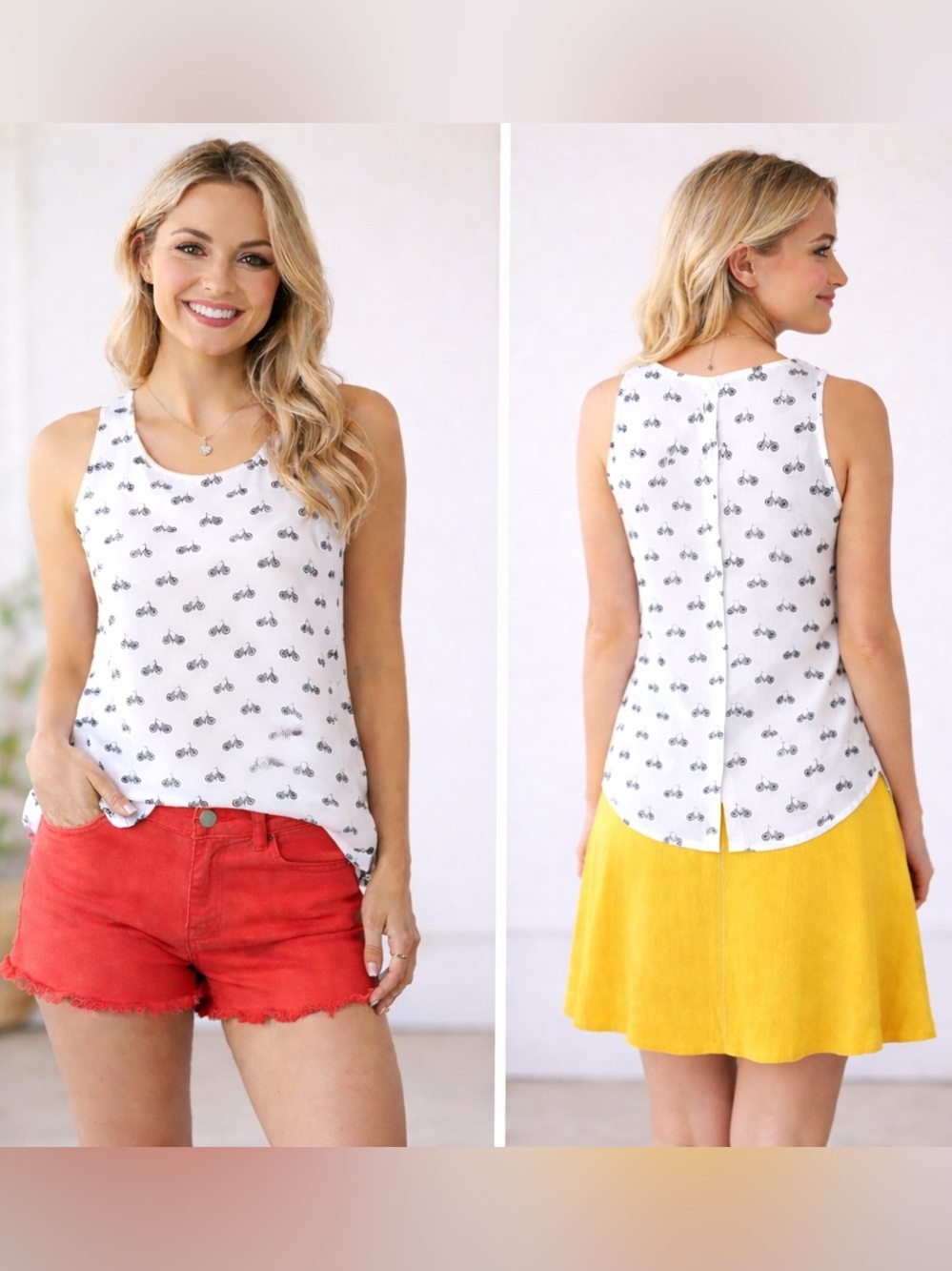 Ricki’s White Bicycle Print Women's Sleeveless Spring Summer Blouse Tank Top. XS